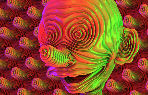 A surreal, brightly colored 3D face with swirling textures in neon green, pink, and orange.