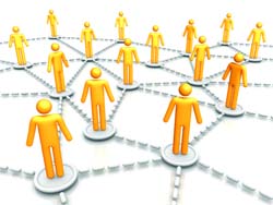Orange stylized human figures connected by dashed lines in a network pattern on a white background.