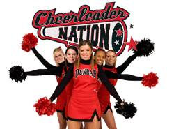 Five cheerleaders in red and black uniforms posing with red and black pom-poms against a white background.