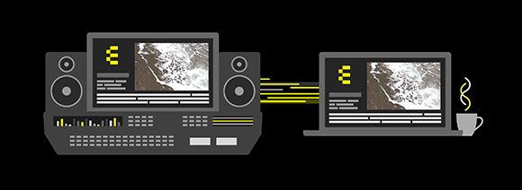 Illustration of a stereo system and a laptop connected by yellow lines on a black background.