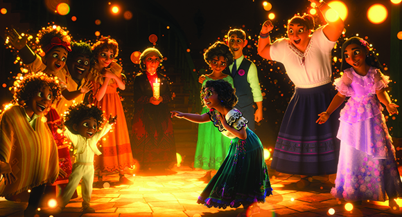 A group of joyful children dancing and celebrating amidst warm, glowing lights.