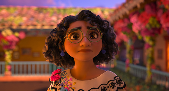 Animated girl with dark curly hair and round green glasses looking up with a wide-eyed expression.