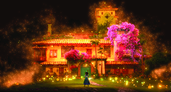 A large, glowing house with pink flowers and golden sparkles under a dark, starry sky.