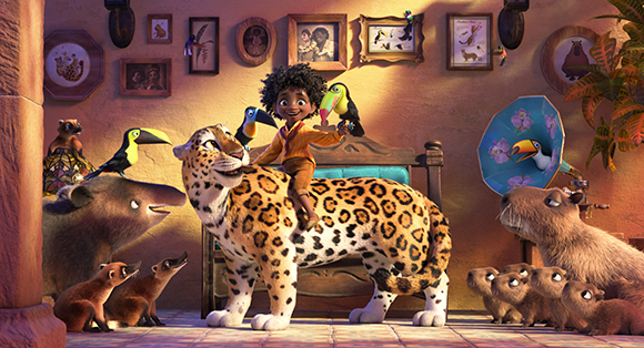 Animated jungle animals including a spotted jaguar, a tapir, and colorful birds in a warm setting.