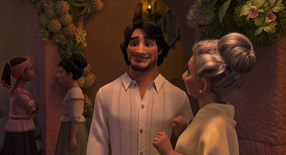 Animated man in a white shirt smiling at an older woman in a courtyard with two other women nearby.