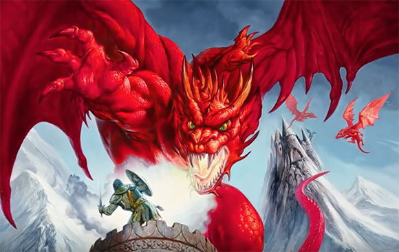 A giant red dragon with wide wings descends toward a warrior standing on a stone tower amidst snowy mountains.