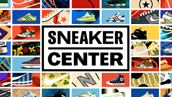 A grid of colorful, diverse sneaker close-ups surrounding a white box with black text reading SNEAKER CENTER.