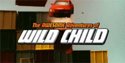 A red car jumps over stacked shipping containers above the title text 'The AWESOME Adventures of WILD CHILD'.