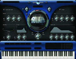 A blue and black digital synthesizer interface with various knobs, sliders, and a piano keyboard at the bottom.