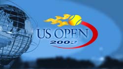 US Open 2003 logo featuring a flaming tennis ball and a globe on a blue background.