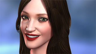 Digital portrait of a smiling woman with long dark hair and green eyes against a blue background.
