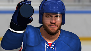 A hockey player in a blue uniform and helmet holds a black puck toward the camera.