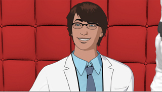 Animated illustration of a smiling man with glasses wearing a white lab coat and blue tie against a red background.