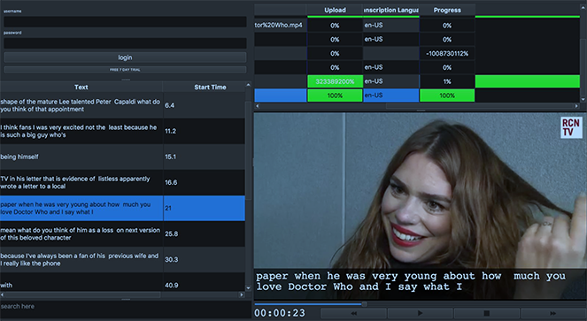 Video editing software interface with a text-based timeline and a video preview of a woman smiling.