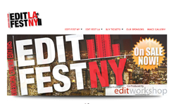 Banner for Edit Fest NY featuring large white and red text over a cityscape at night.