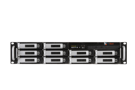 Black rack-mounted server with eight silver-trimmed hard drive bays and front-facing ports.