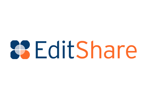 EditShare logo featuring a four-petal geometric icon and text in blue and orange.