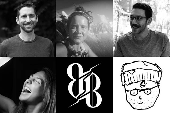 A collage of black and white portraits of four people, a stylized logo, and a line drawing of a person.