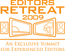 Orange text reading Editors Retreat 2009 above two stylized landscape frames and a subtext line.