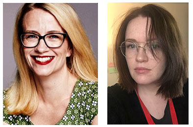 Two portraits: a smiling blonde woman in glasses and a brunette woman with glasses looking forward.