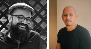 Black and white portrait of a bearded man in a cap next to a color portrait of a bald man in a black t-shirt.