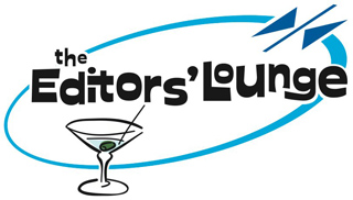 Logo for The Editors' Lounge featuring a blue oval, stylized text, and a martini glass with an olive.