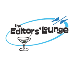 Logo for The Editors' Lounge featuring a blue oval, text, and a martini glass illustration.