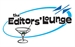 Logo for The Editors' Lounge featuring text inside a blue oval with a cocktail glass icon.