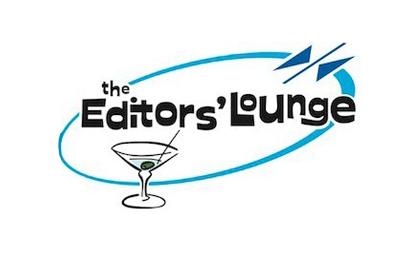 Logo for The Editors' Lounge featuring a blue oval, stylized text, and a martini glass icon.