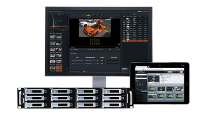 Computer monitor, tablet, and server rack showing a media management interface with video and file thumbnails.