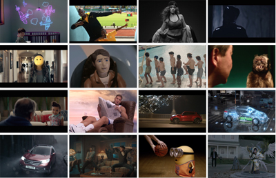 A grid of twelve different film stills featuring people, landscapes, and objects.