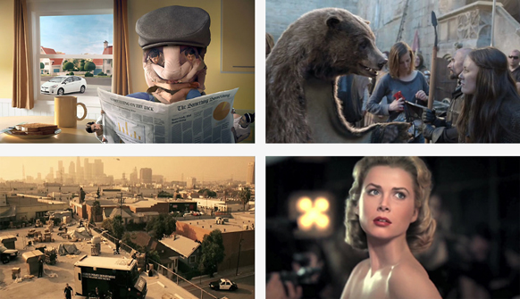 Four movie stills: an animated character reading a newspaper, a bear with people, a city skyline, and a woman.