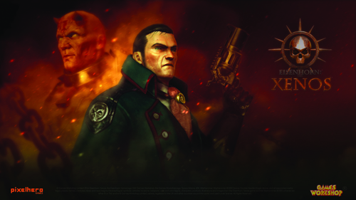 A man in a dark green coat holds a large pistol, with a red-skinned horned figure behind him in flames.