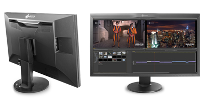 Rear and front views of a black widescreen computer monitor on a stand.