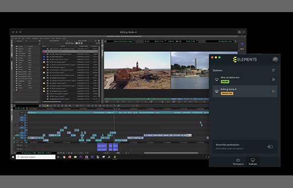 A video editing software interface showing a timeline, media bin, and preview window next to a control panel.