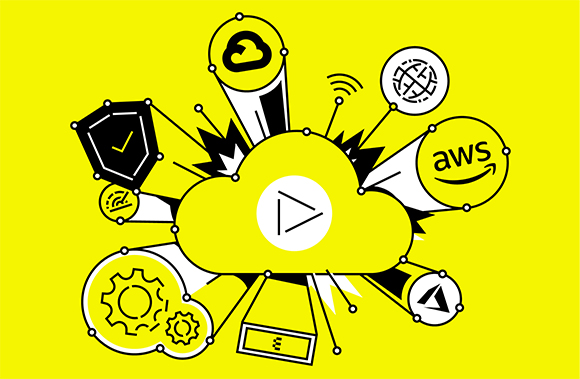 Yellow cloud central icon surrounded by various black and white technology symbols on a yellow background.