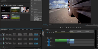 A video editing software interface with a media bin, timeline, and a preview window showing a car on a road.