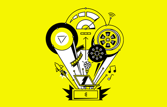 Black line art illustration of various technological and abstract symbols on a bright yellow background.