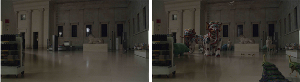 Two side-by-side images of a dim museum hall; the right image features several large, colorful elephant statues.