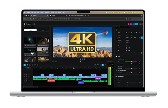 A laptop screen showing a video editing timeline with multiple tracks and a 4K Ultra HD preview window.