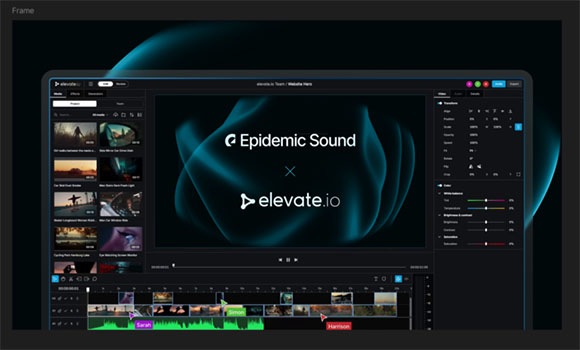 Video editing software interface showing a central graphic for Epidemic Sound and elevate.io.