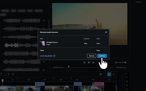A pop-up window titled Get your audio licences shows a free track titled All Night Dance.