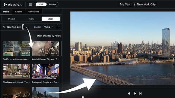 Software interface displaying a search for New York City stock video with a large cityscape preview.