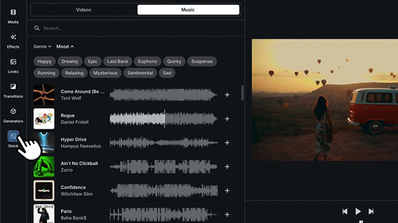 A software interface displays a list of music tracks over a video of a person in a desert landscape.