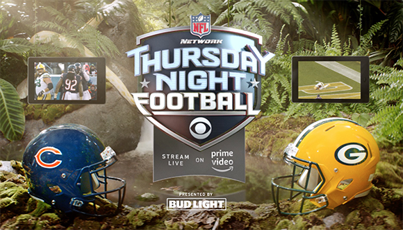 NFL Network Thursday Night Football logo between a blue Chicago Bears helmet and a yellow Green Bay Packers helmet.