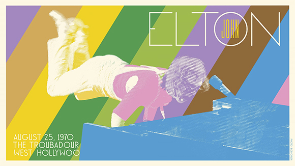 Stylized colorful poster of a musician performing on stage with the name Elton John.