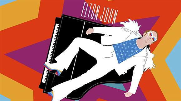 Stylized illustration of a man in a white suit and sunglasses reclining against a black piano.