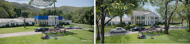 Two renderings of a large white estate with green lawns, luxury cars, and people gathered outdoors.
