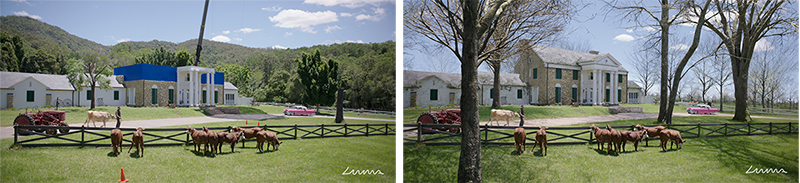 A large white house stands behind a green field where several brown horses graze near a red tractor.