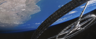 A massive ring-shaped space station orbiting a blue Earth against the blackness of space.